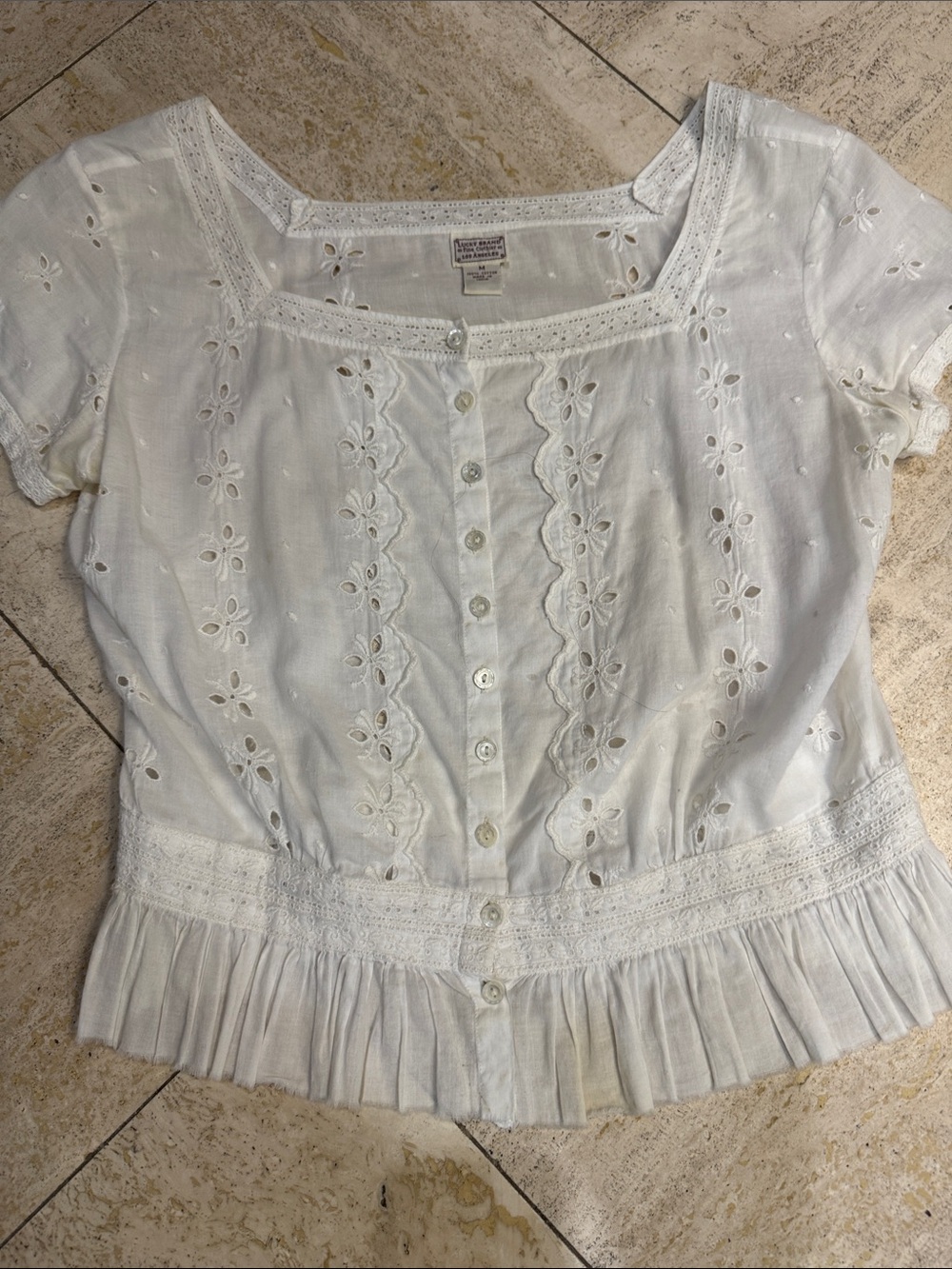 Lucky Brand White Eyelet Lace-Trim Button Front Blouse